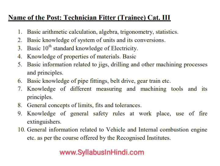 NCL Technician Fitter Syllabus In Hindi