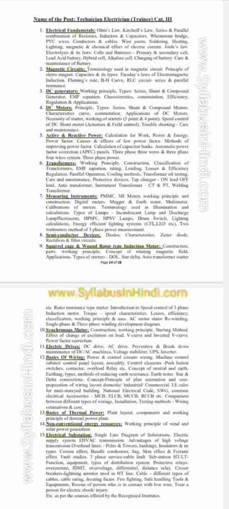 NCL Technician Electrician Syllabus In Hindi